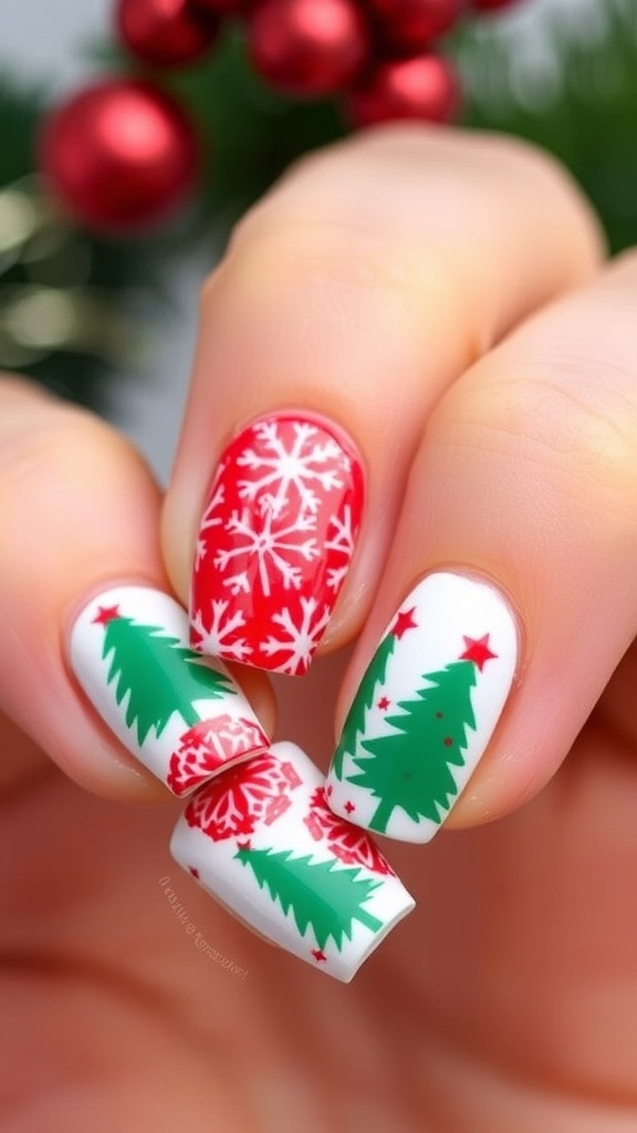 Close-up of Christmas nail art with red and green designs, snowflakes, and Christmas trees.